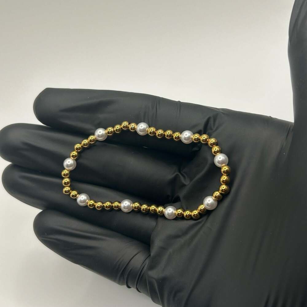 Womens Pearl Gold Chunky Bead Stretch Bracelet 18k Plated Saphir New